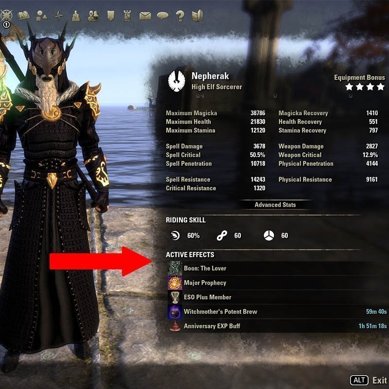 Mundus Stone buff shown under active effects in the character stats sheet in eso