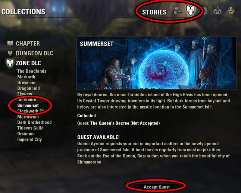 Collections and Story tab in ESO