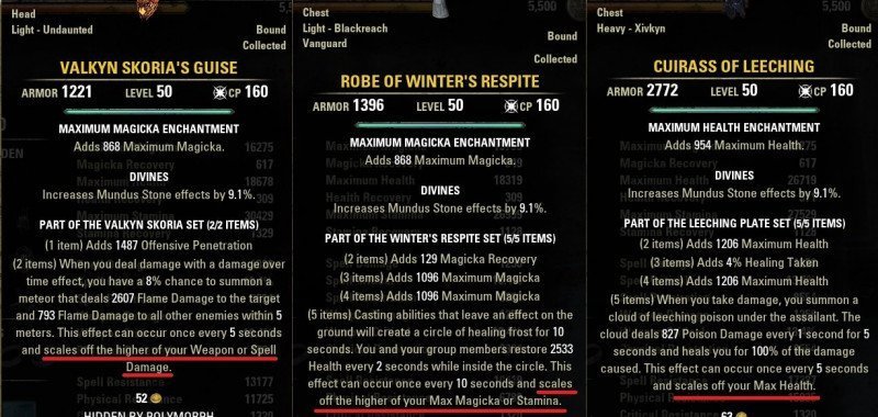ESO Proc Sets scaling example with Valkyn Skoria, Robe of Winters Respite, Cuirass of Leeching