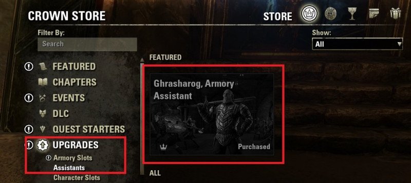 Visit Crown Store to purchase Ghrasharog, Armory Assistant in ESO
