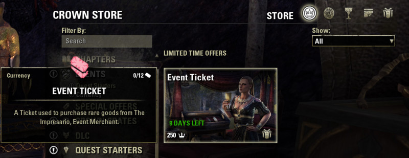 Crown Store Event Tickets for Impresario in ESO