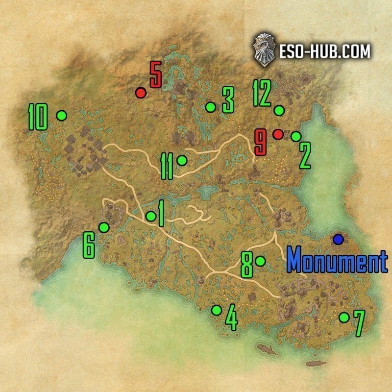 Map of Murkmire with all the tablet locations for Chronic Chronologer Achievement guide for ESO
