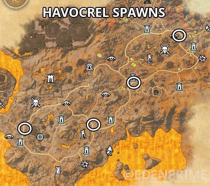 Map of the Havocrel Spawn Locations Wandering Bosses Deadlands zone in ESO