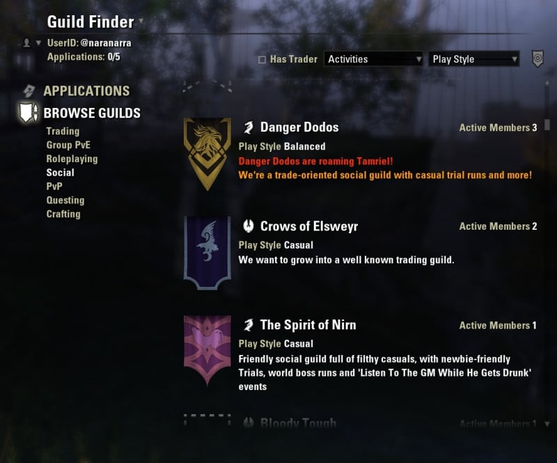 Guild finder tab in ESO with Browse Guilds tab