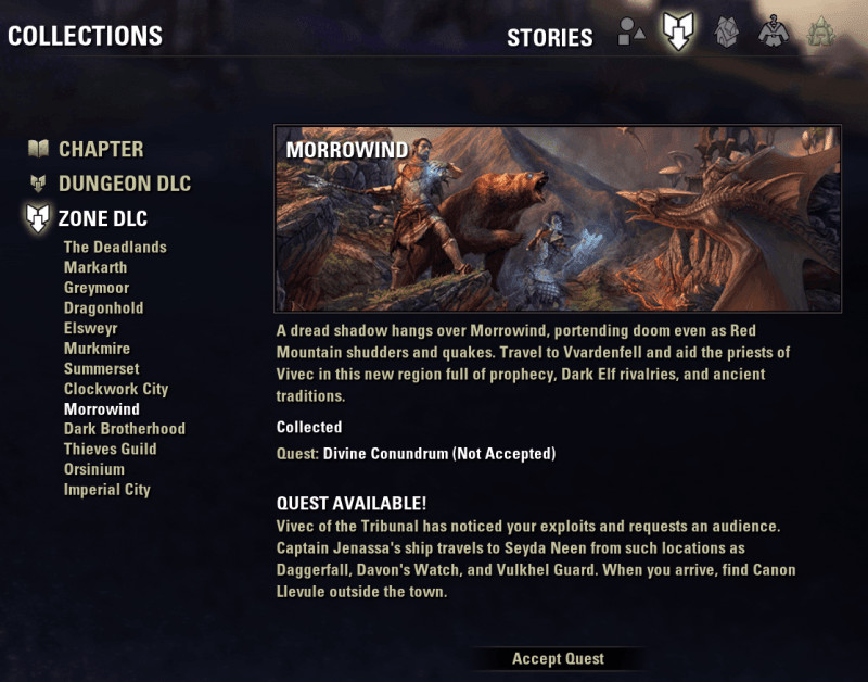 Collections tab in ESO with stories Zone DLC and Chapter story quests