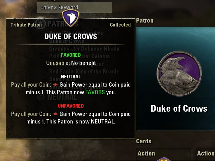 Duke of Crows Patron Deck ESO Tales of Tribute