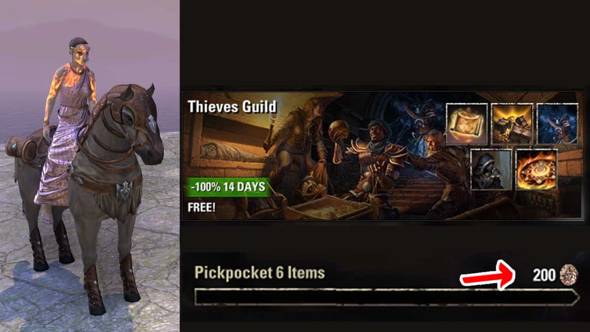 La montura Caballo de los buscadores de tesoros, Esfuerzos diarios extra por carterismo, DLC Gremio de ladrones gratis en la Tienda de la Corona.