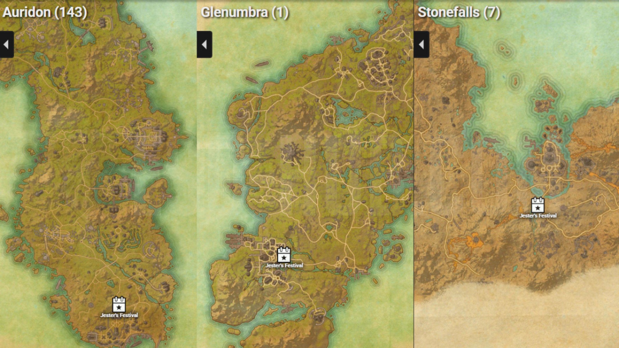 ESO Jester's Festival Tent location on map for all alliances, image taken from ESO-Hubs interactive map.