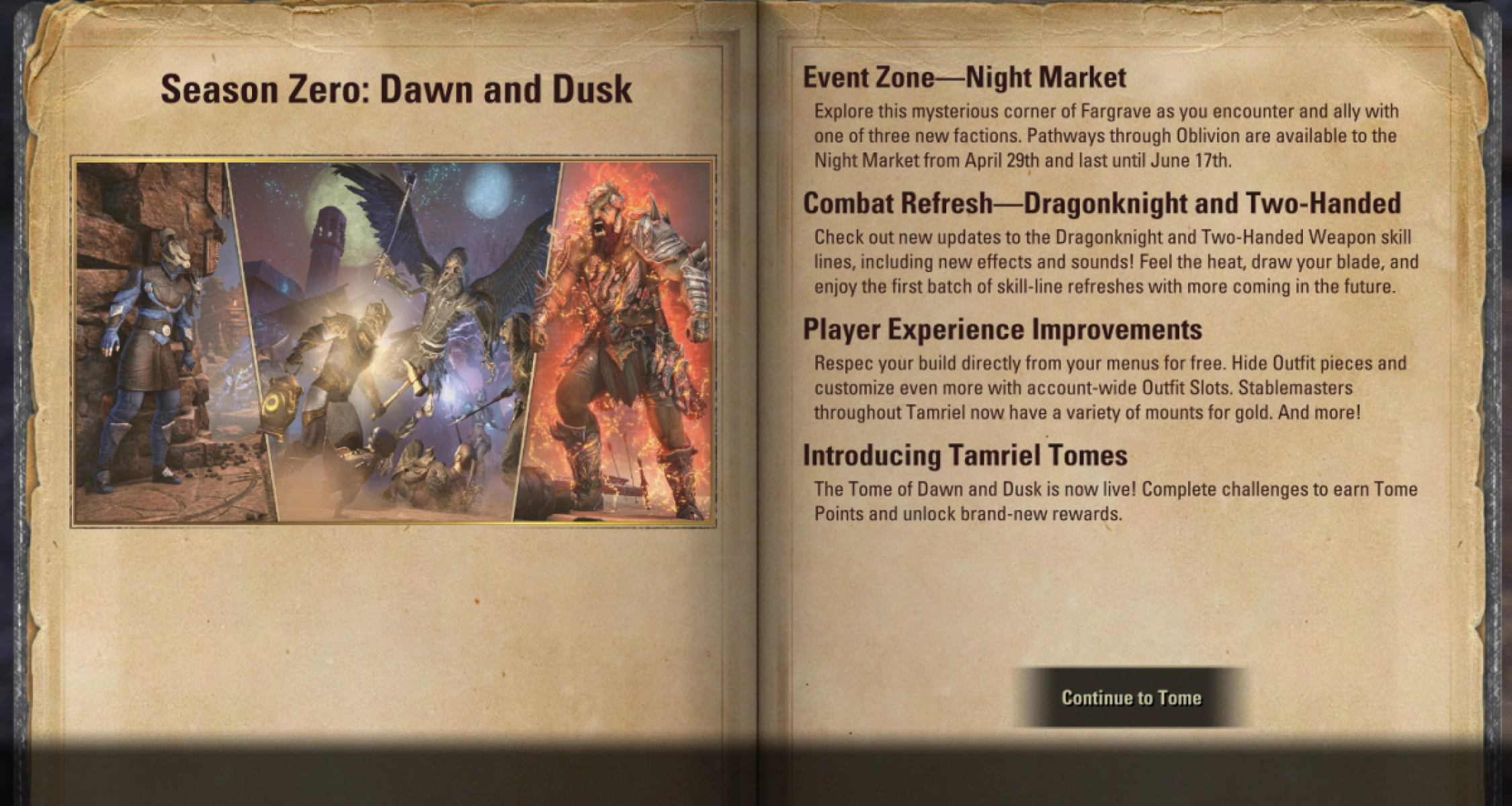 Season Zero: Dawn and Dusk Tome first page lets you know what's new in ESO