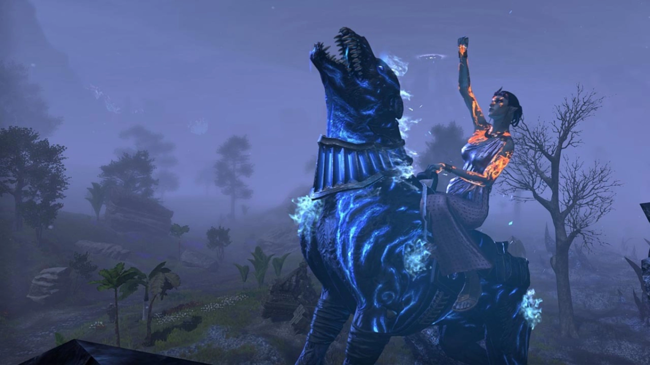 Coldharbour Death Hound mount and Worm King's Crown adornment in Eastern Solstice.