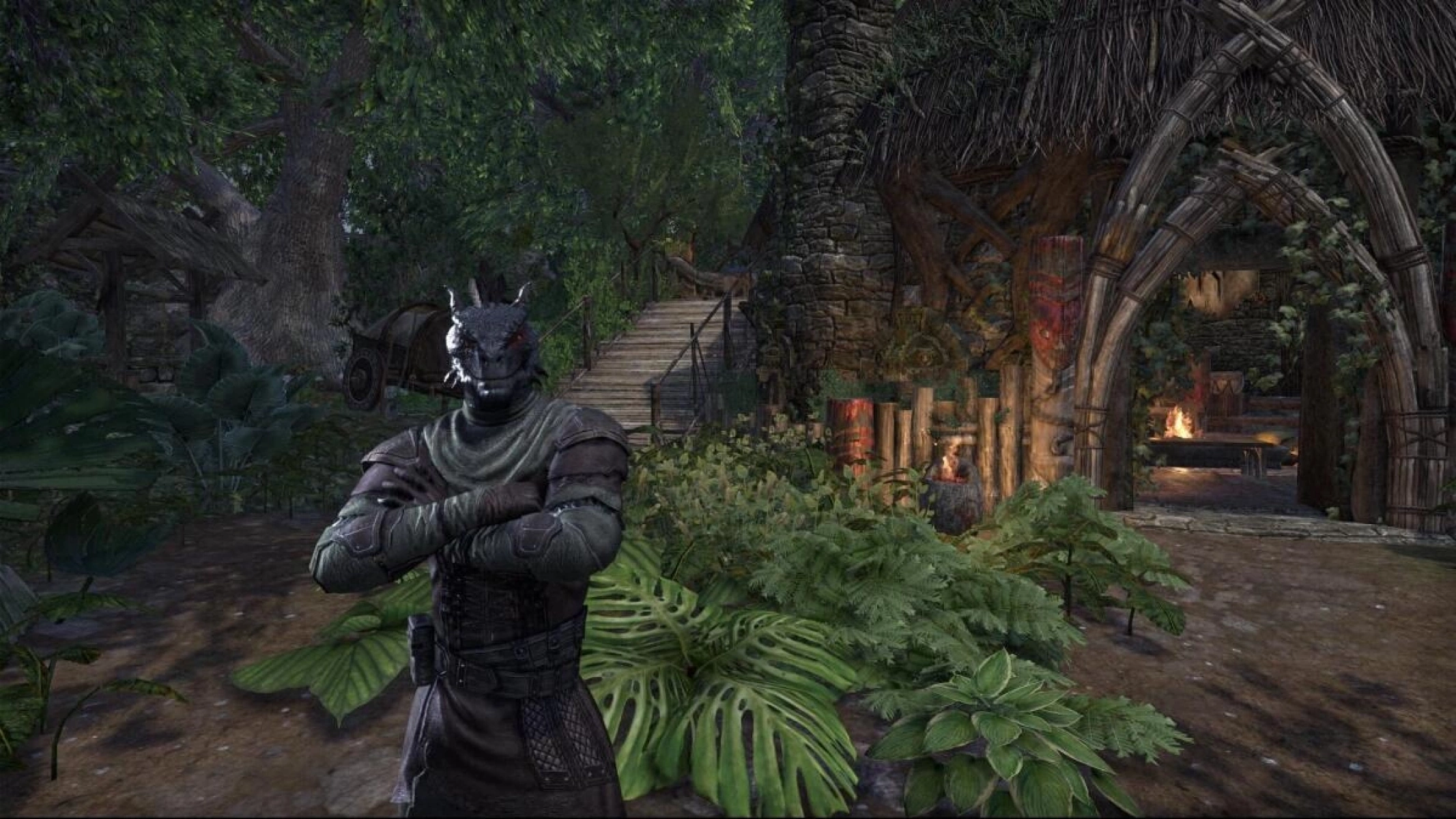 A jungle hut for an Argonian who loves alchemy, fishing and collecting trophies from his travels. Simply furnished, but the food selection is enviable. Under one of the bridges, Sharp has an alchemist's corner where he works on his poisons