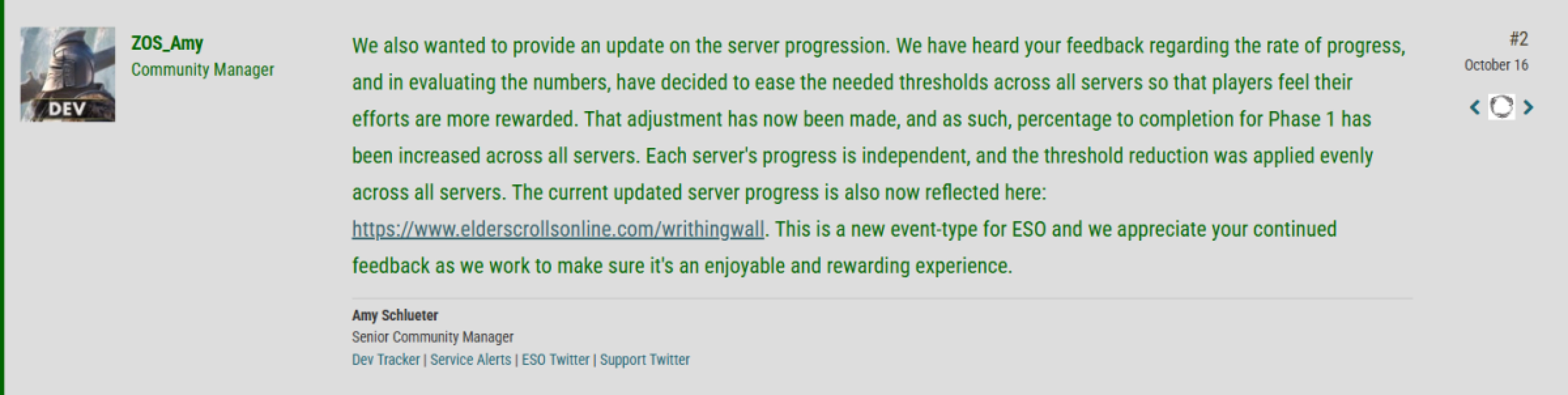 Update from Community Manager Amy Schlueter on the official Elder Scrolls Online forums