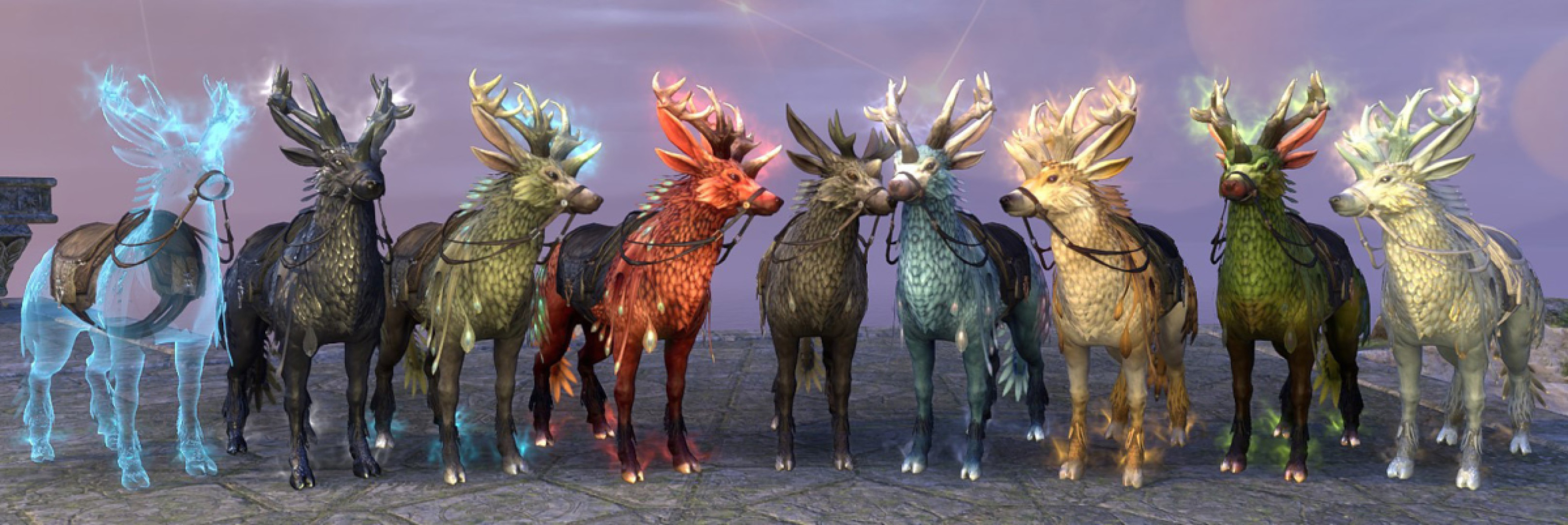 Left to right: Spectral, Onyx, Dawnwood, Crimson, Nascent, Icebreath, Luminous, Mossheart and Pure-Snow Indrik mounts.
