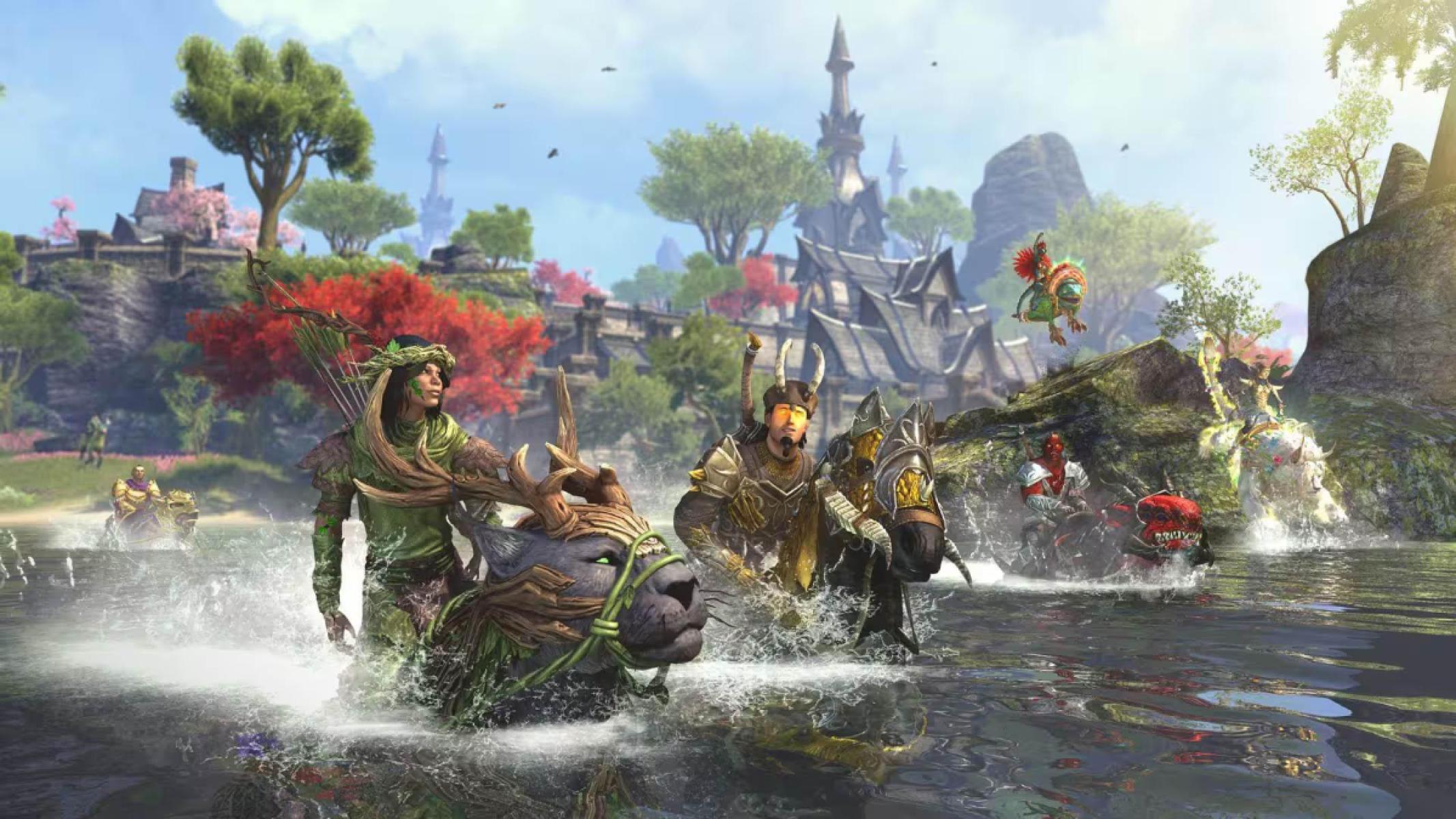 Promotional image of two mounts swimming in the water in the Auridon zone.