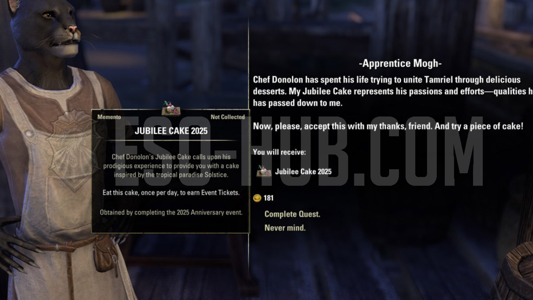 You will receive your ESO Jubilee cake when you return the "For Cake’s Sake" quest to Apprentice Mogh.