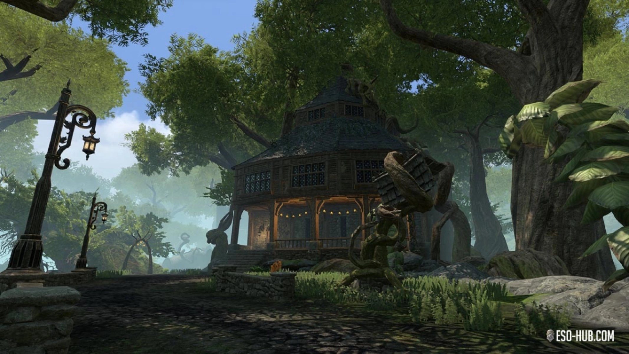 The Wildgrown Chapel of Julianos, a large player home featuring a crumbling chapel overgrown with magical greenery and a rustic Colovian manor.