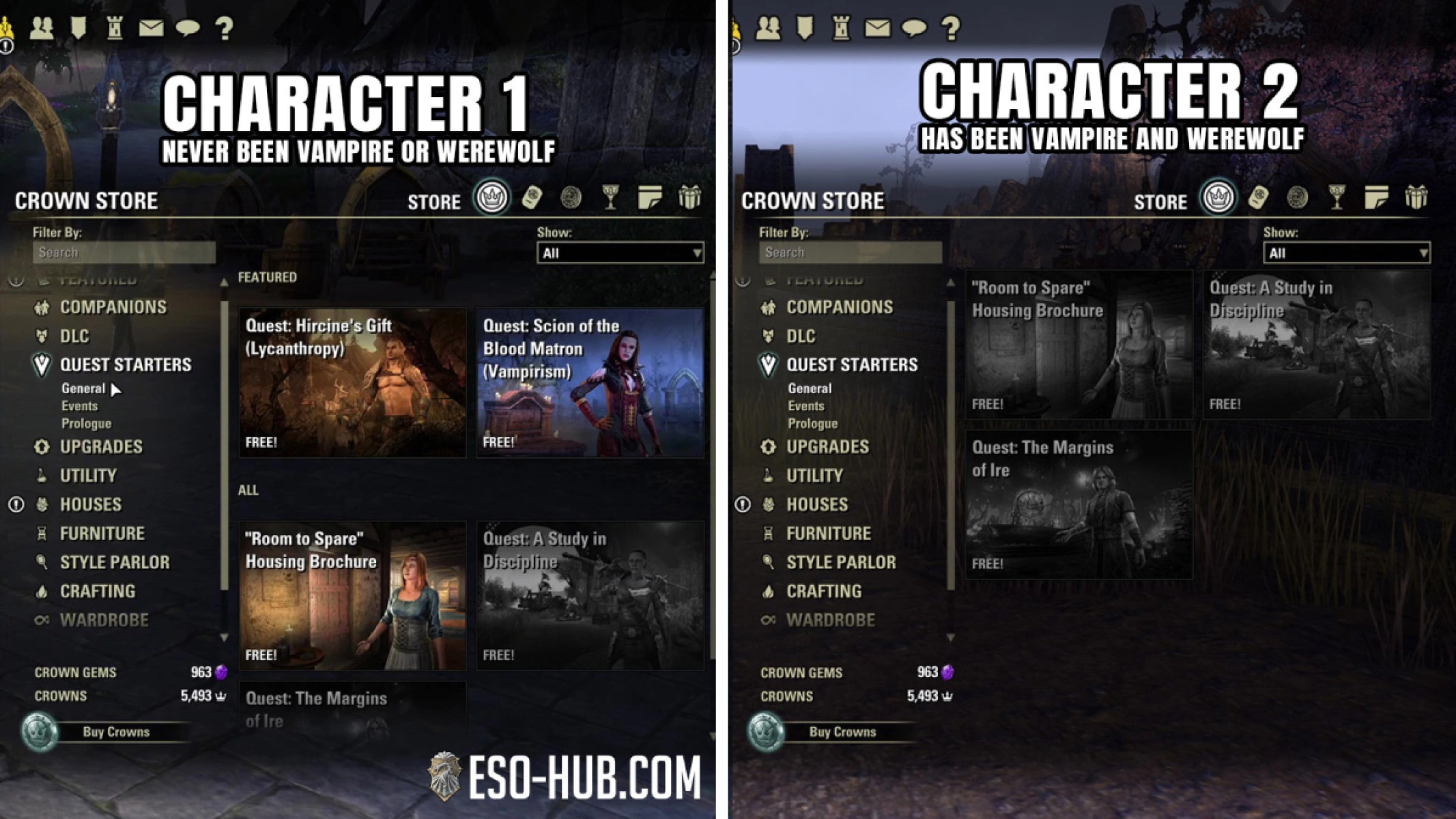 ESO Crown Store showing vampire and werewolf quest starters in Update 49