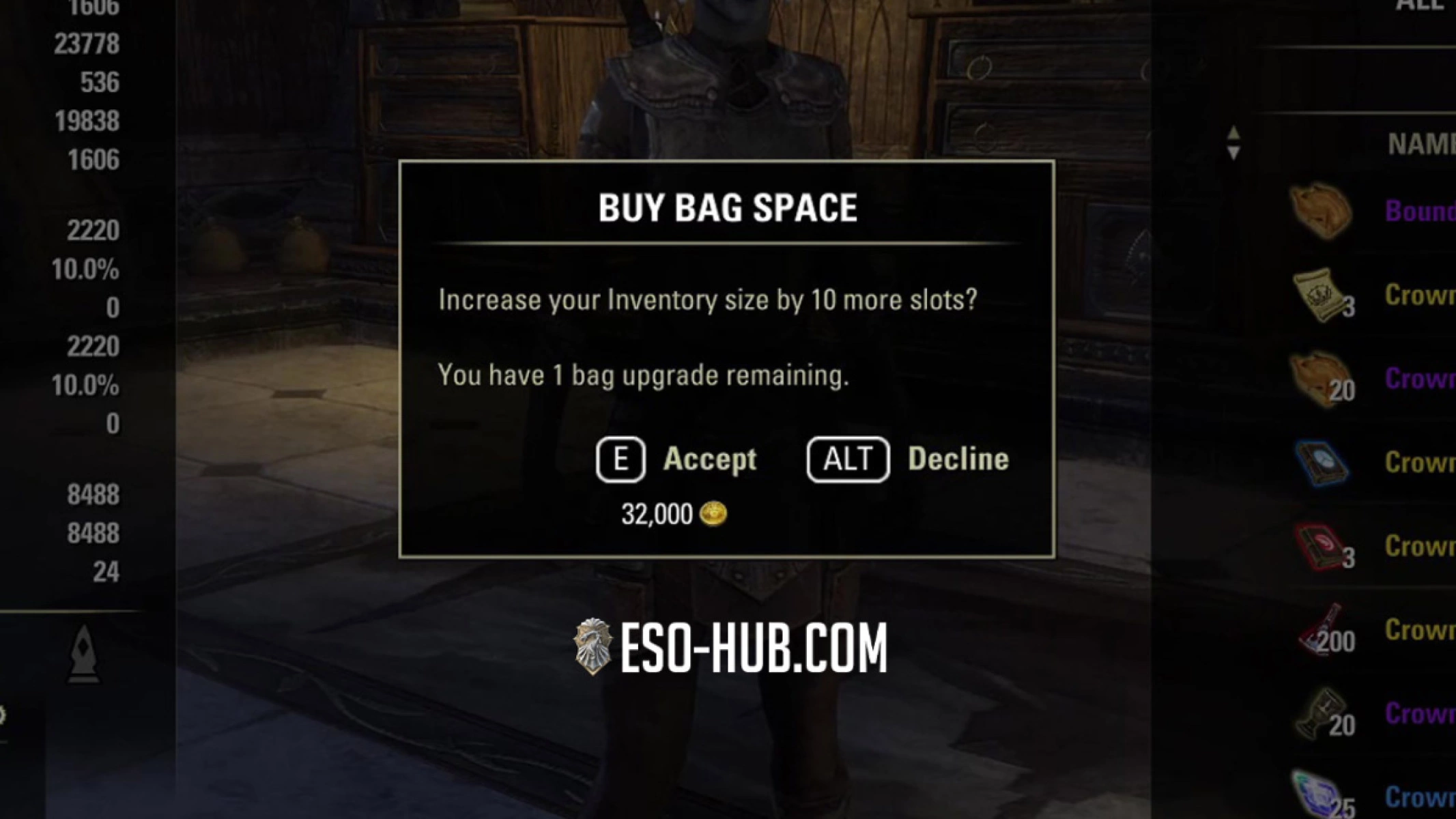 ESO Bag upgrade screen pop-up