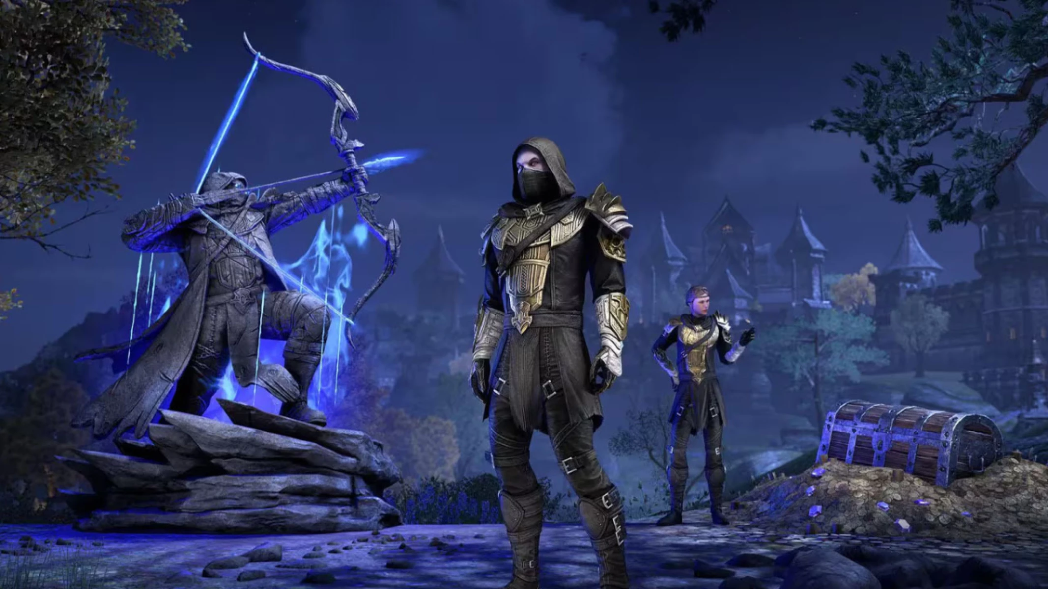 Imagen promocional del traje "Héroe bretón del 10º aniversario" y de la "Estatua, Héroe bretón" del artículo de noticias oficial de Elder Scrolls Online.