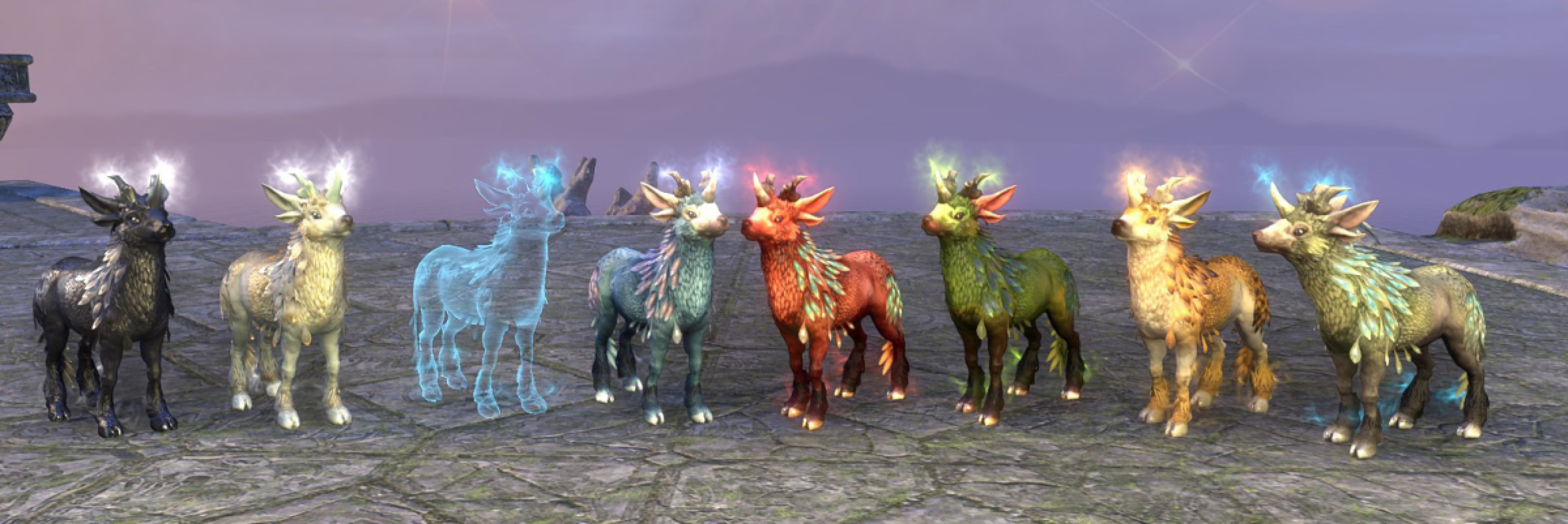 Left to right: Ebon-Glow, Frost-Light, Haunting, Rimedusk, Rosethorn, Sapling, Shimmering and Springtide Indrik pets.