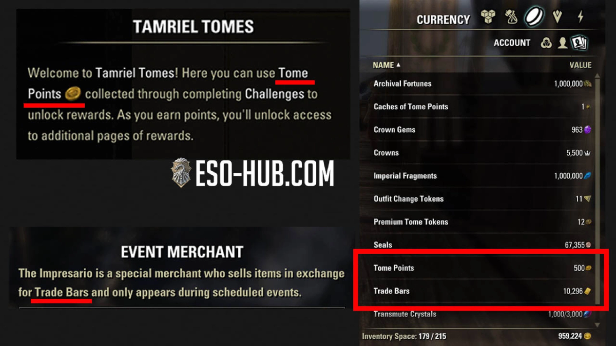 Tome Points and Trade Bars are shown in the Currency tab.