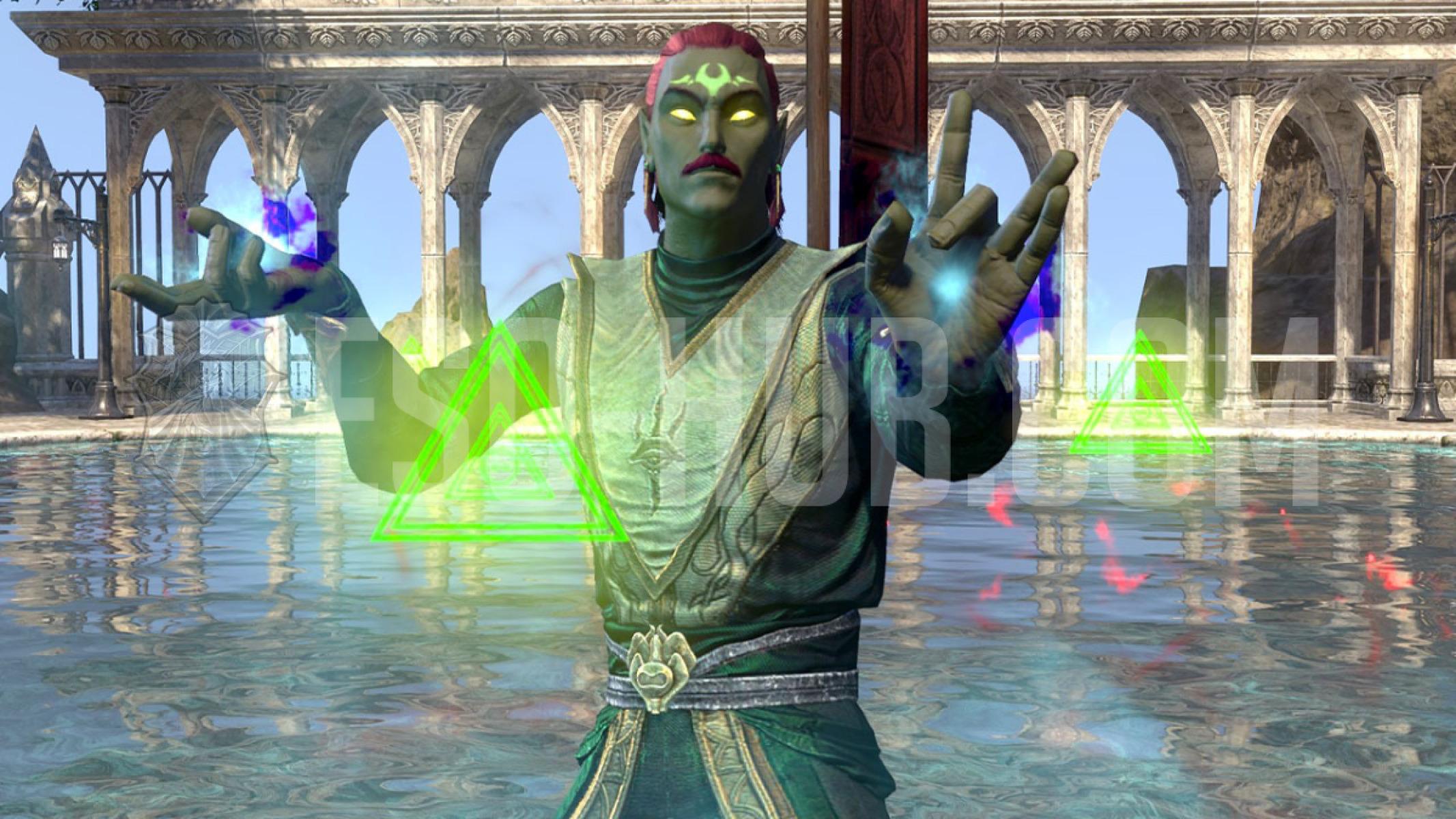 An Arcanist character subclassing Nightblade and Necromancer in ESO