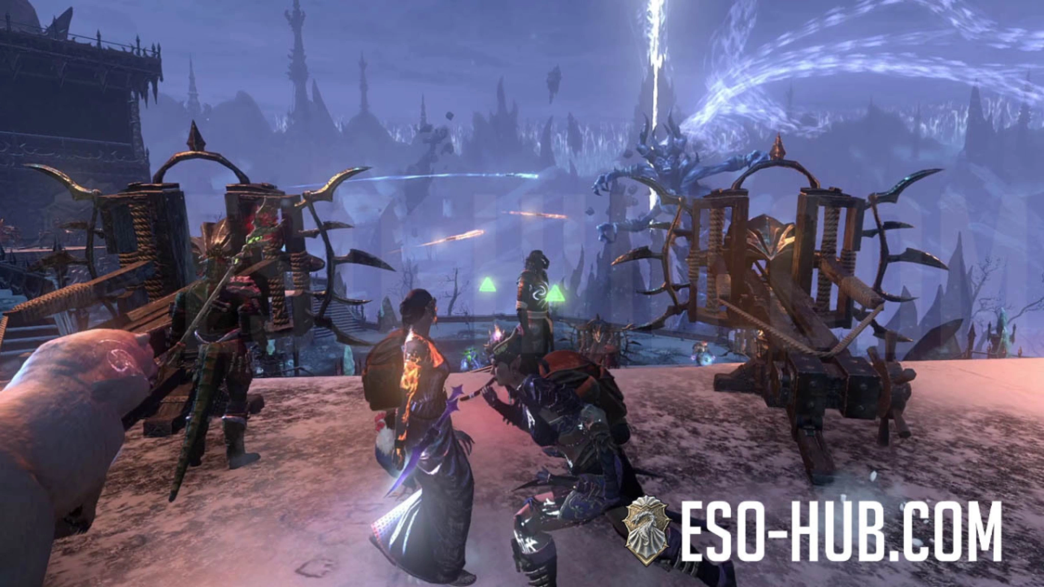 Players using a ballista siege weapon in the ESO Writhing Fortress to defeat The Harvester Guuffetarez.
