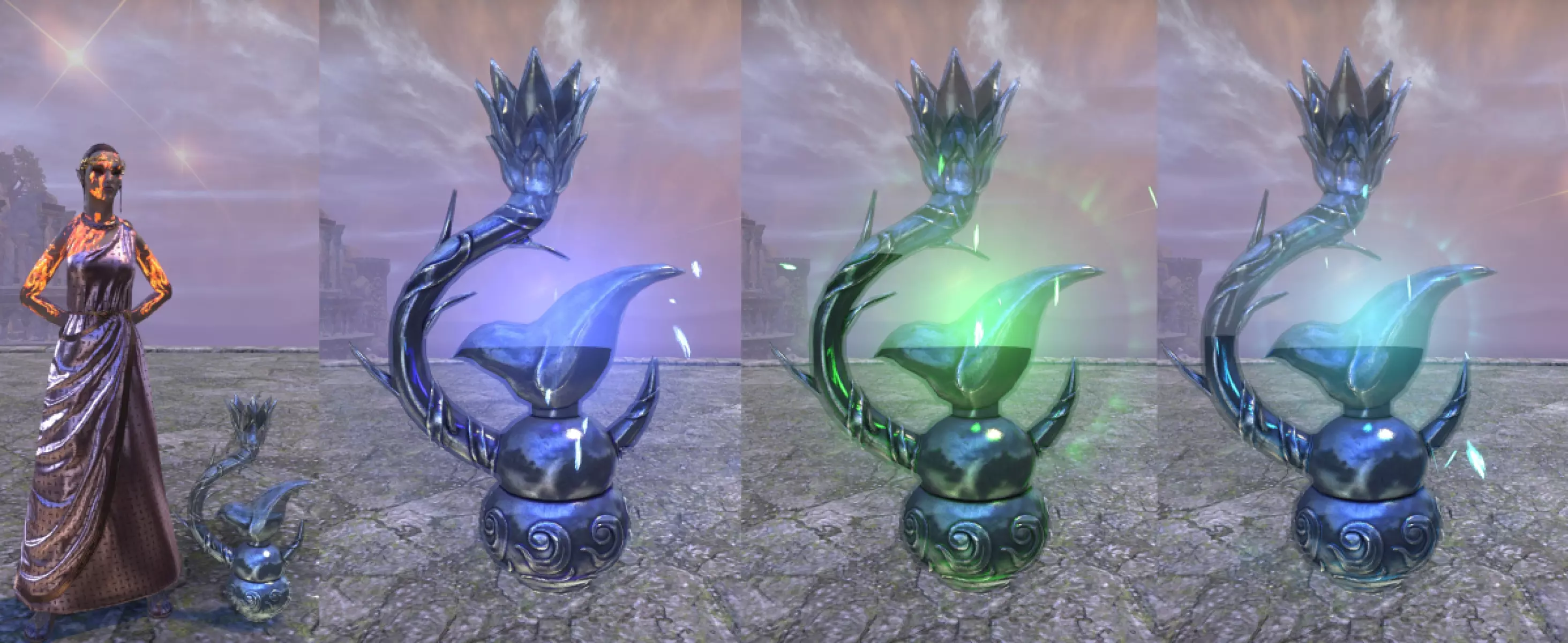 From left to right ESO Kynareth's Icon of Storm Control states: Off state and scale, Stormy, Overcast and Clear.