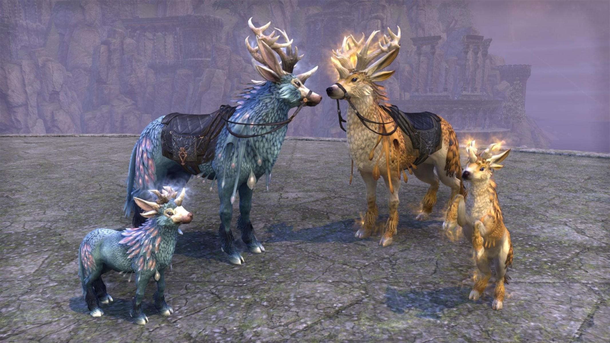 Left: Icebreath Indrik Mount and Rimedusk Indrik pet. Right: Luminous Indrik mount and Shimmering Indrik pet.