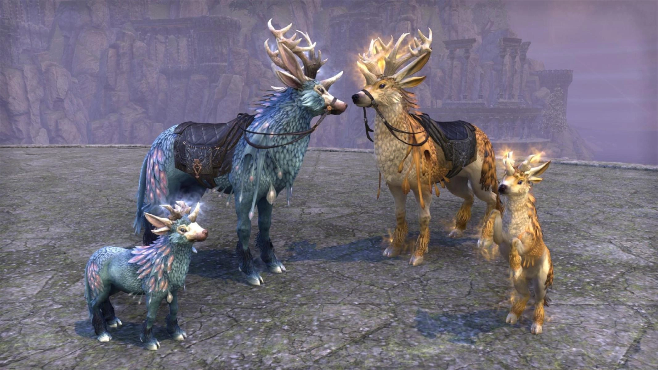 Left: Icebreath Indrik Mount and Rimedusk Indrik pet. Right: Luminous Indrik mount and Shimmering Indrik pet.