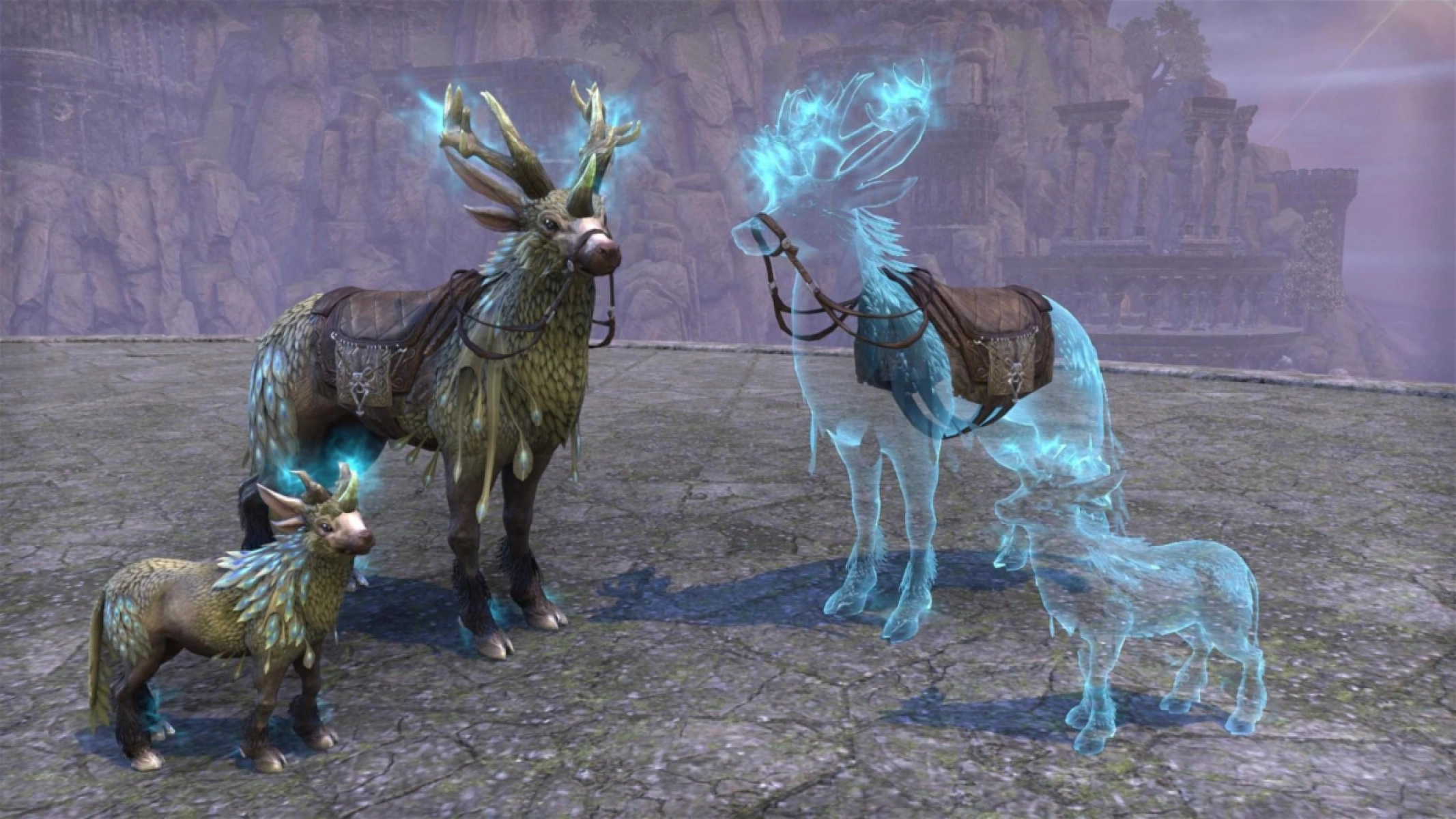 Left: Dawnwood Indrik Mount, Springtide Indrik Pet. Left: Spectral Indrik mount and Haunting Indrik Pet.