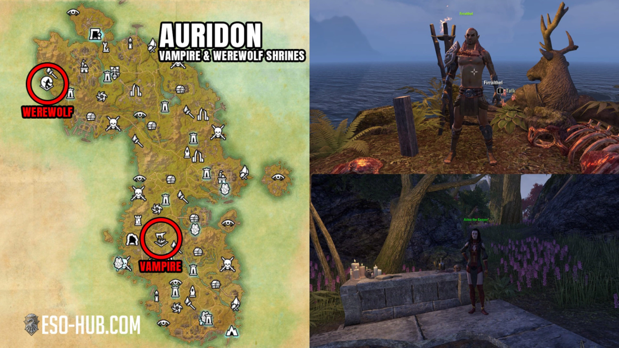 Location of the new Vampire and Werewolf Shrines added to Auridon as part of ESO Update 49.