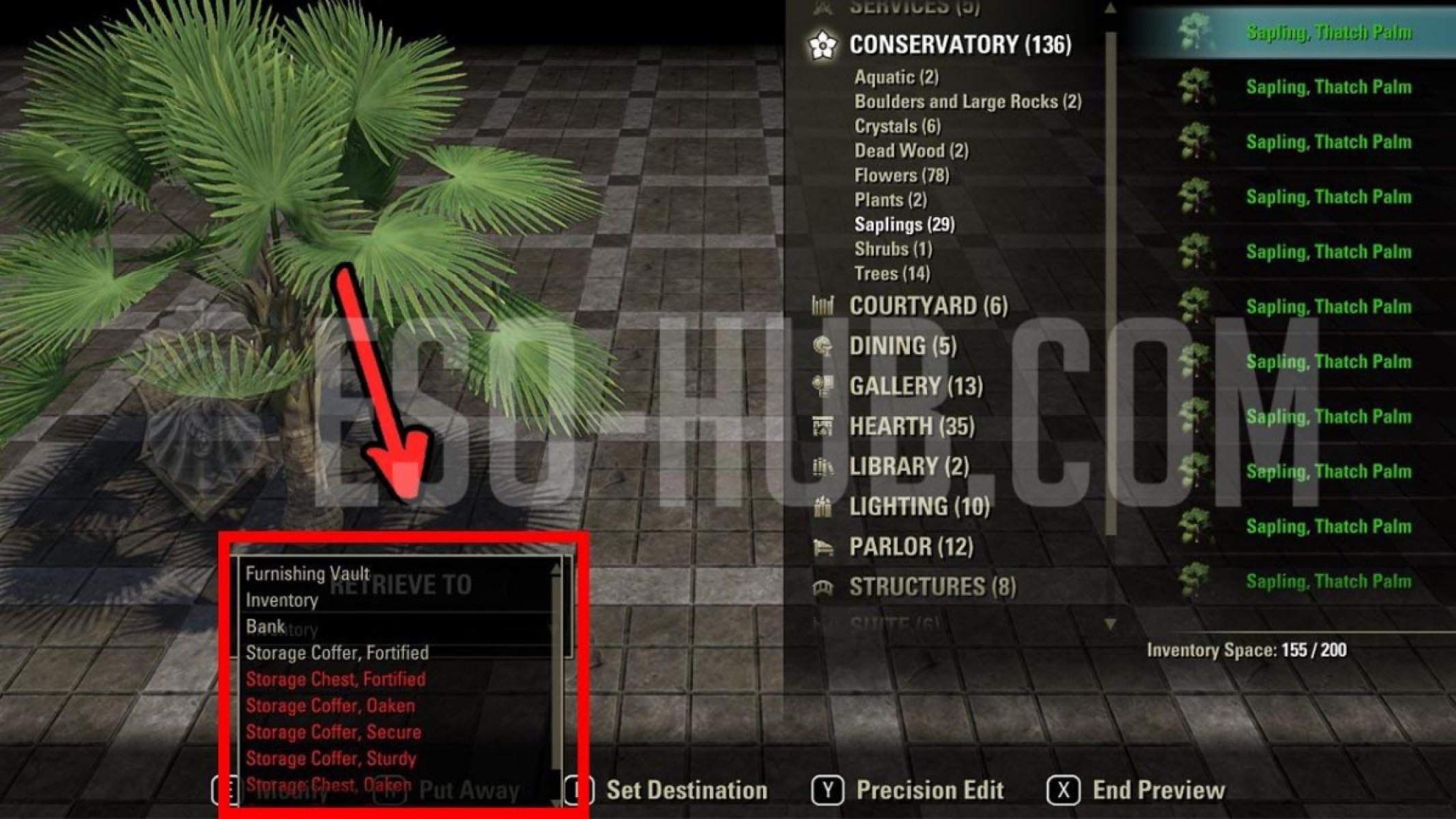 ESO Base Game "Retrieve to" options in the Housing Editor.
