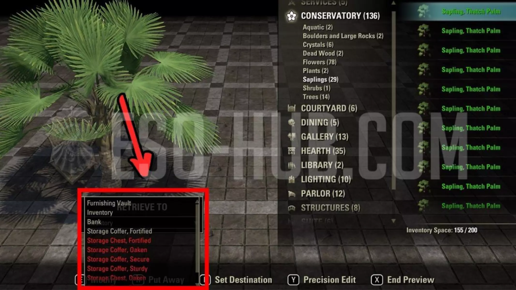 ESO Base Game "Retrieve to" options in the Housing Editor.