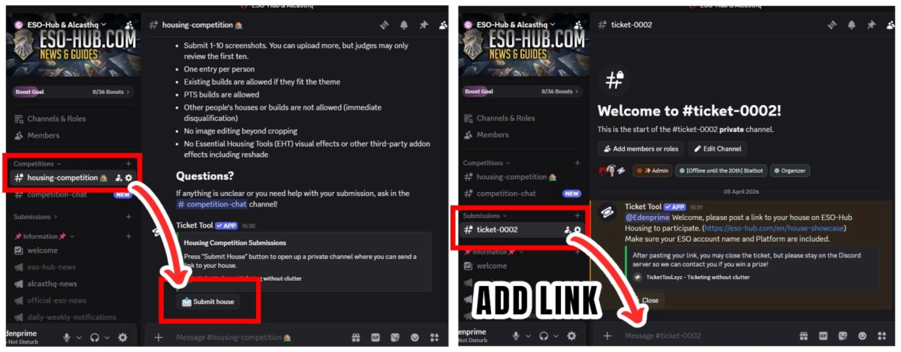 How to use the ticket bot in Discord to submit your house link.