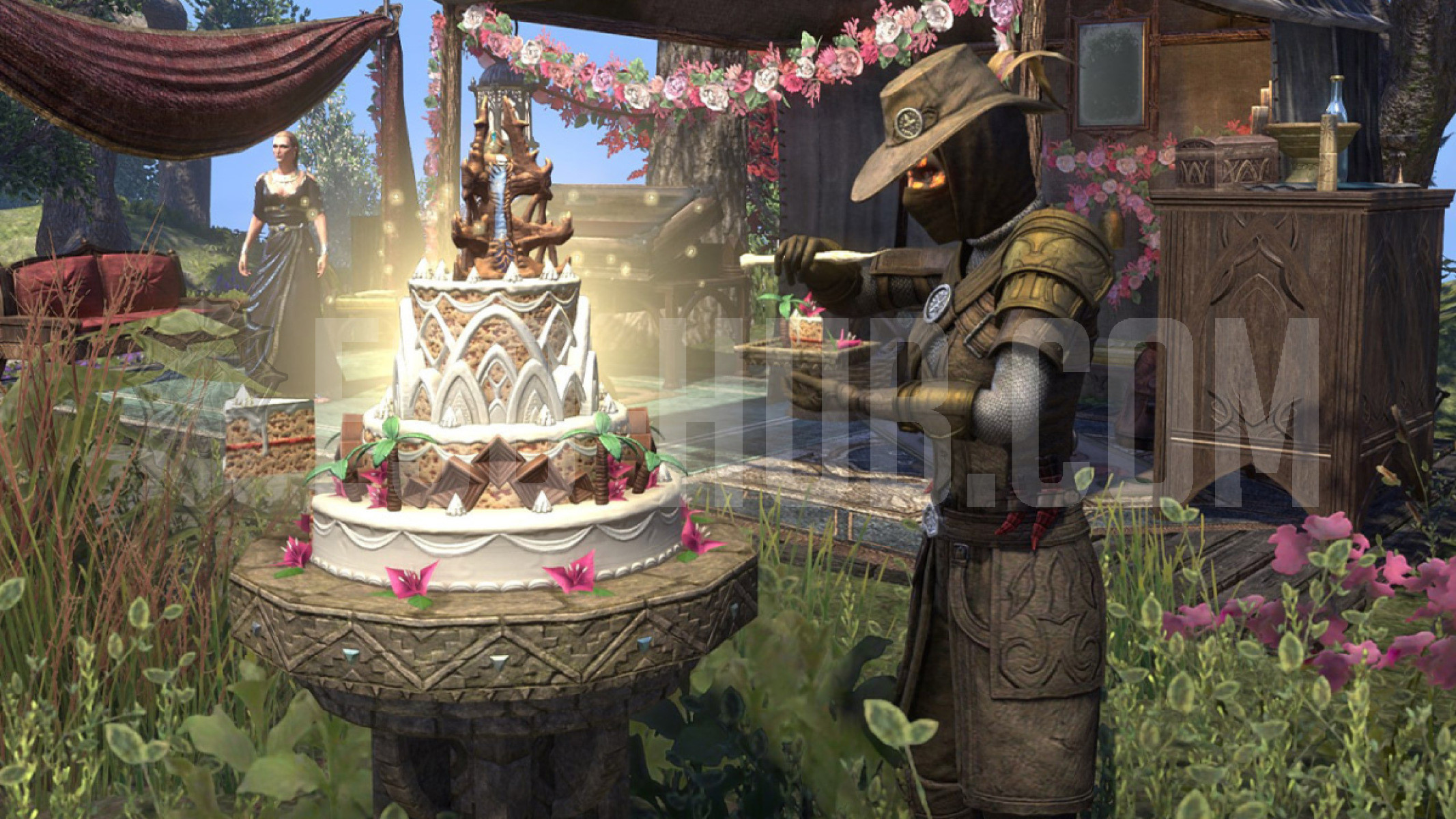 Showcasing the new ESO Worm Cult Hunter outfit style while eating 2025 Jubilee cake for tickets.