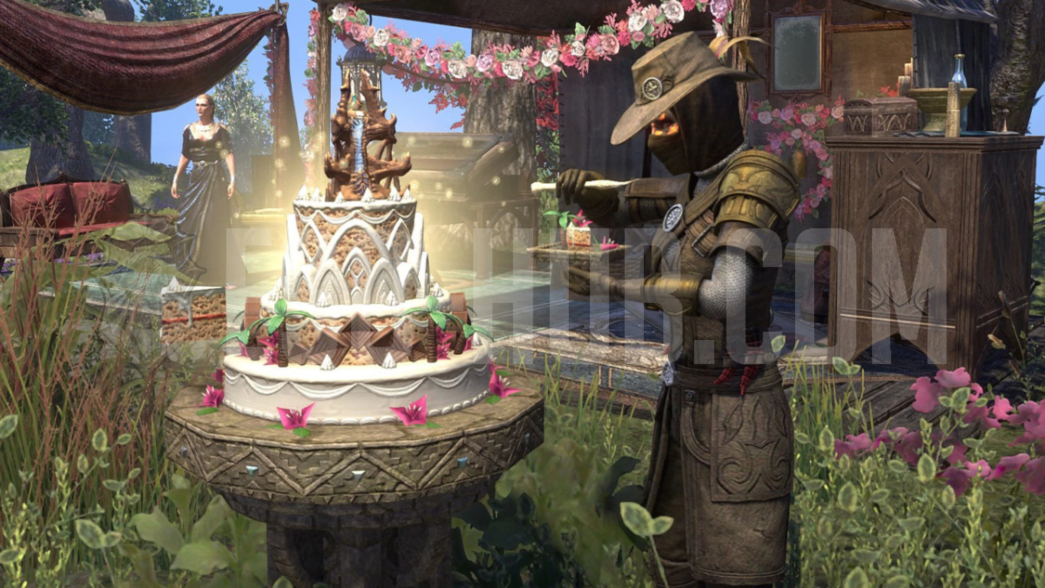 Showcasing the new ESO Worm Cult Hunter outfit style while eating 2025 Jubilee cake for tickets.