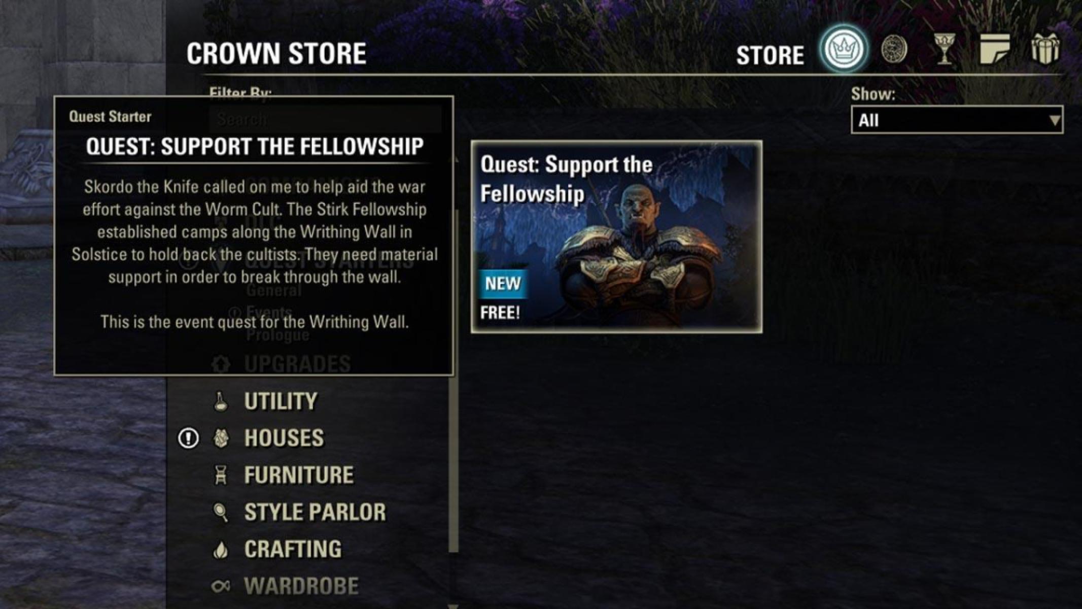 Support the Fellowship quest can be found in the in-game Crown Store under Quest Starters &gt; Events.