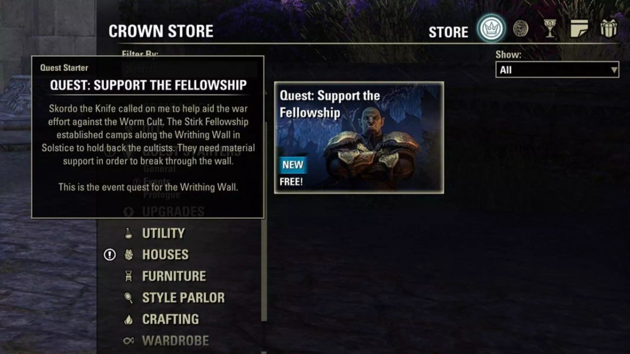 Support the Fellowship quest can be found in the in-game Crown Store under Quest Starters &gt; Events.