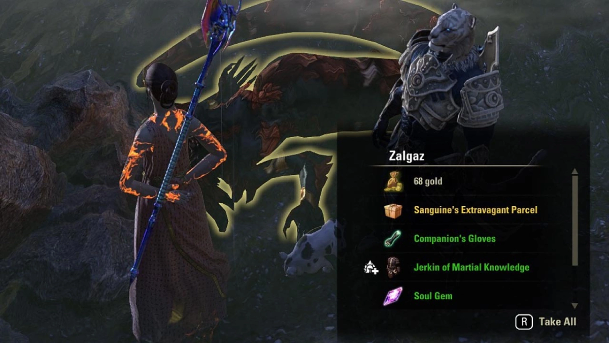 Looting a Sanguine's Extravagant Parcel from a delve boss in Craglorn.