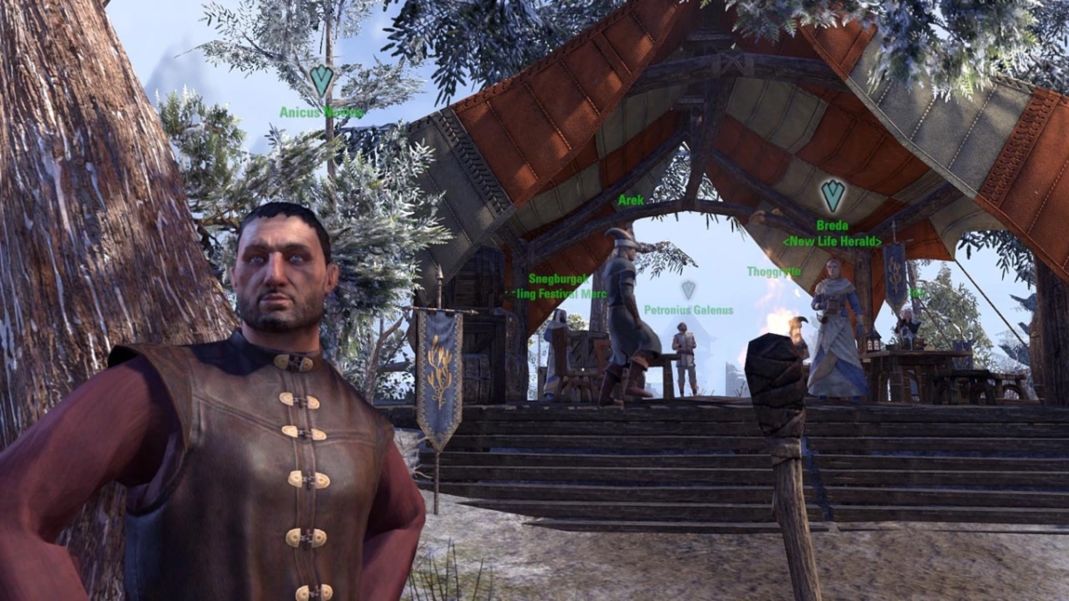 New Life quest givers: Anicus Novious, Breda and Petronious Galenus at the Festival Tent in Eastmarch.