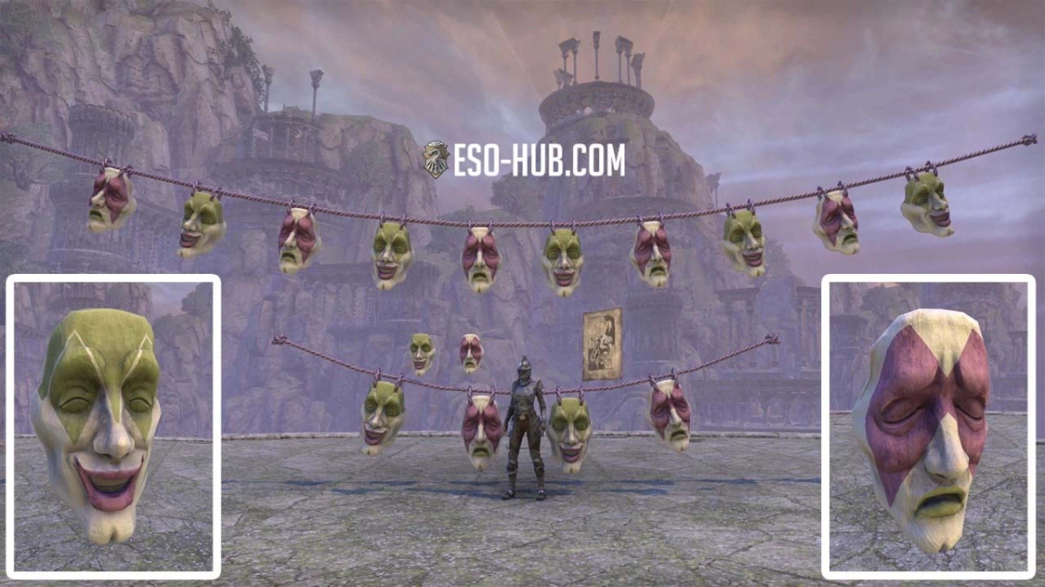 ESO Jester's Festival 2026 new rewards showing the One Bad Knight outfit style and the new happy and sad mask garland furnishing.