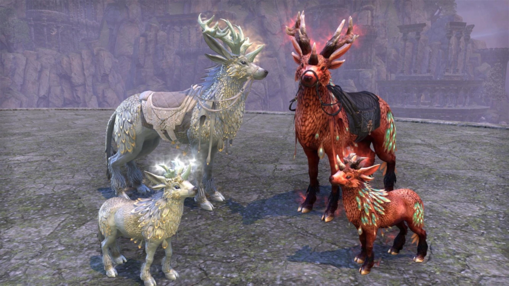 Left: Pure-Snow Indrik Mount and Frost-Light Indrik pet. Right: Crimson Indrik mount and Rosethorn Indrik pet