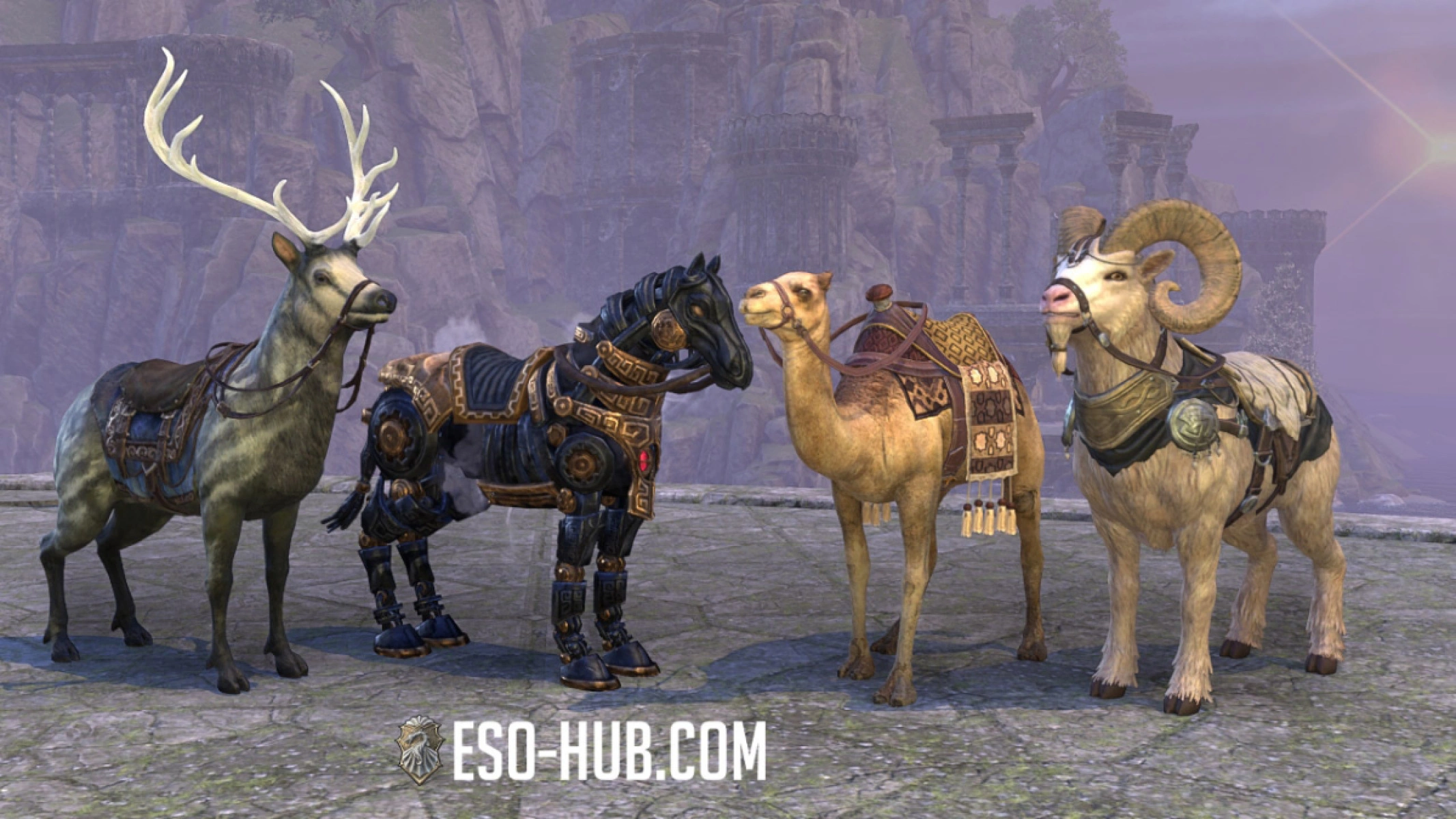 Starting from left: Faunfrolic Great Elk, Ebon Dwarven Horse, Hammerfell Camel and Yorgrim River Ram mounts.