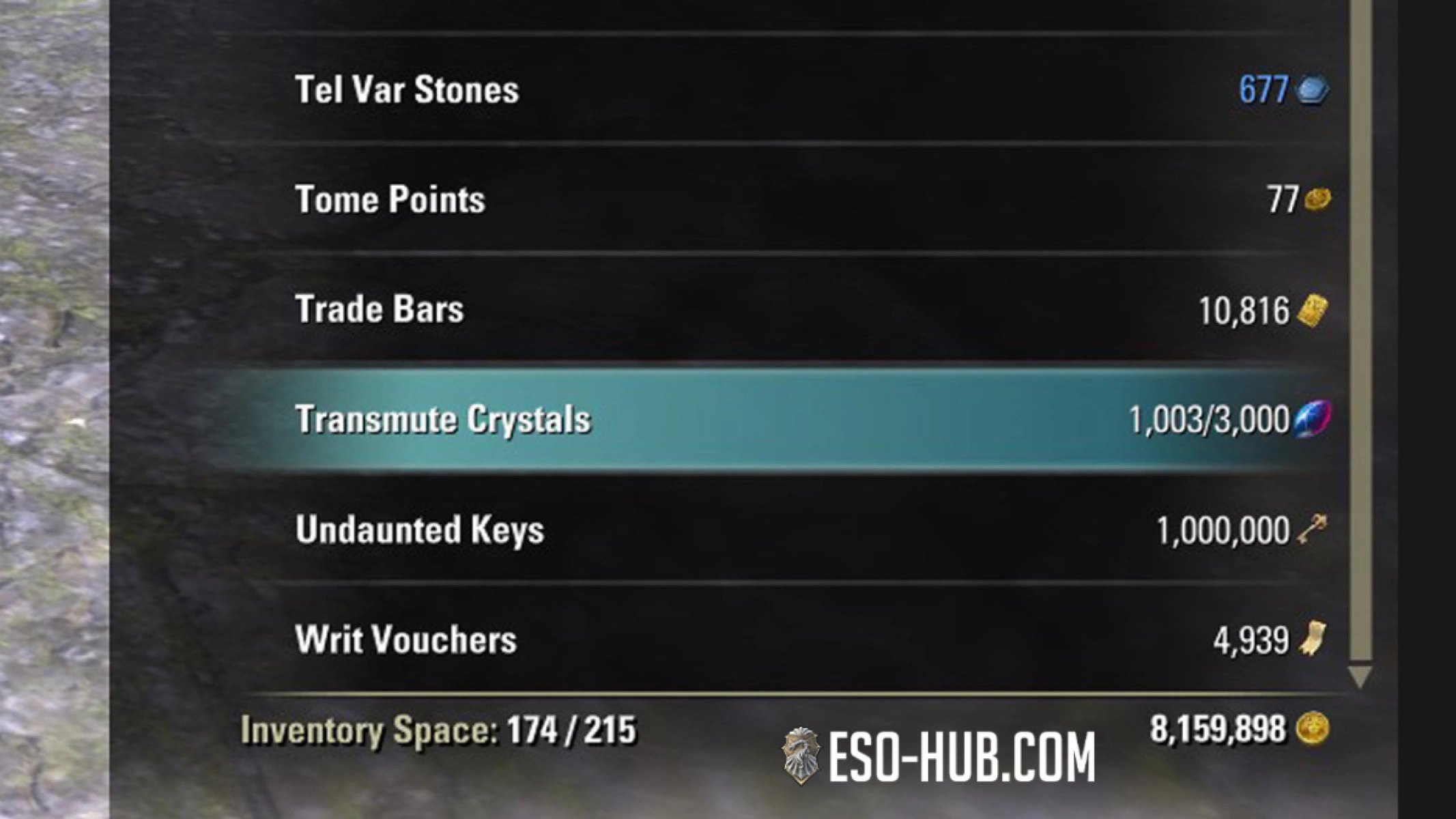 ESO Currency Tab shows the new 3000 Transmute Crystal Cap
