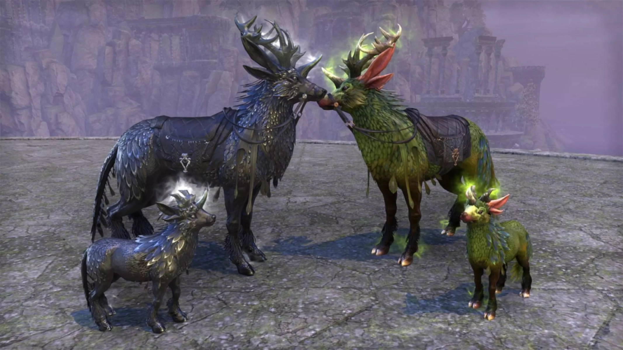 Autumn Indriks. Left: Onyx Indrik mount and Ebon-Glow Indrik pet. On the right: Mossheart Indrik mount and Sapling Indrik pet.