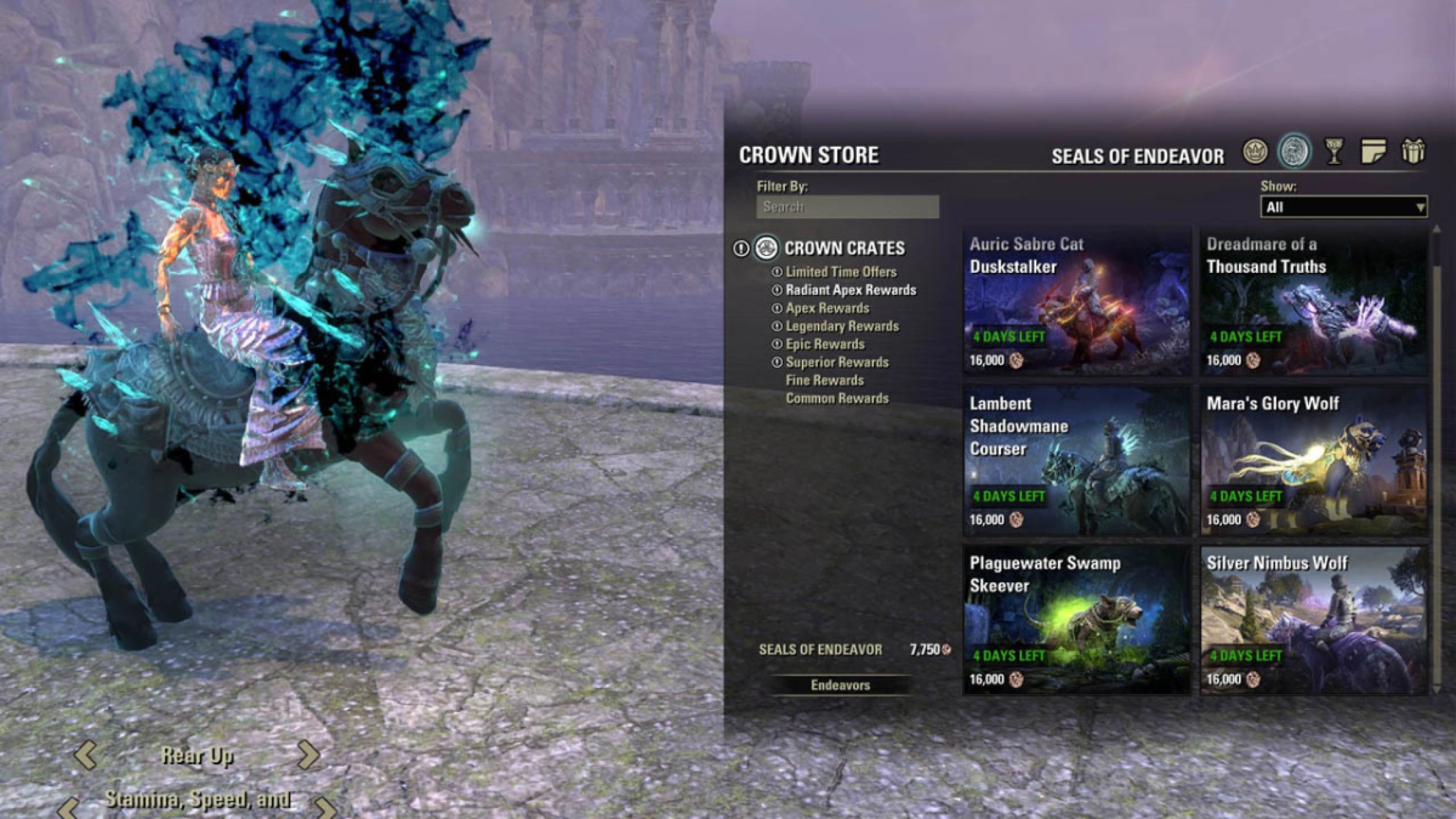 The Apex mount Lambent Shadowmane Courser mount is worth 16,000 Seals of Endeavors.