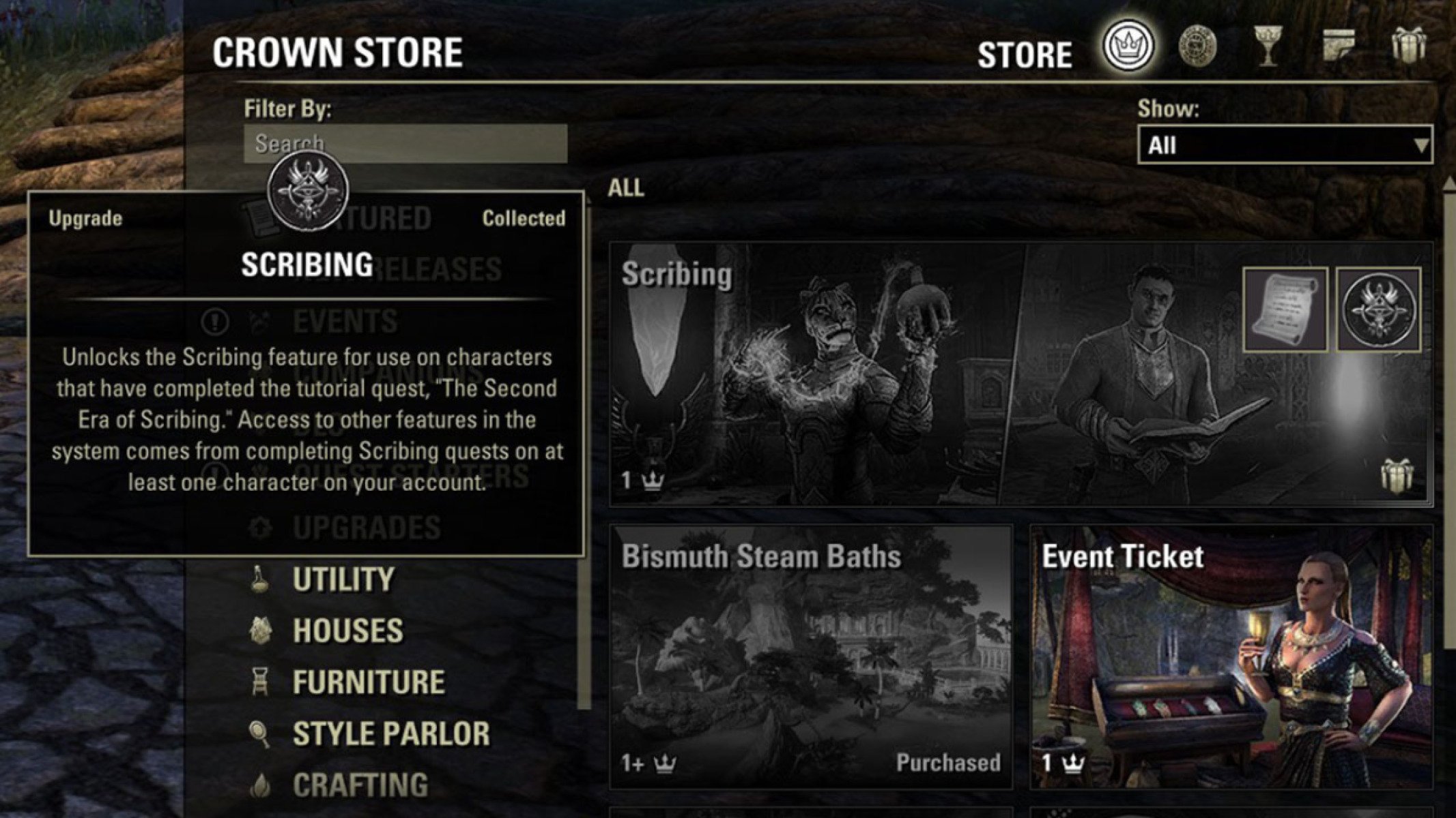 ESO Scribing in Crown Store on the Public Test Server. 