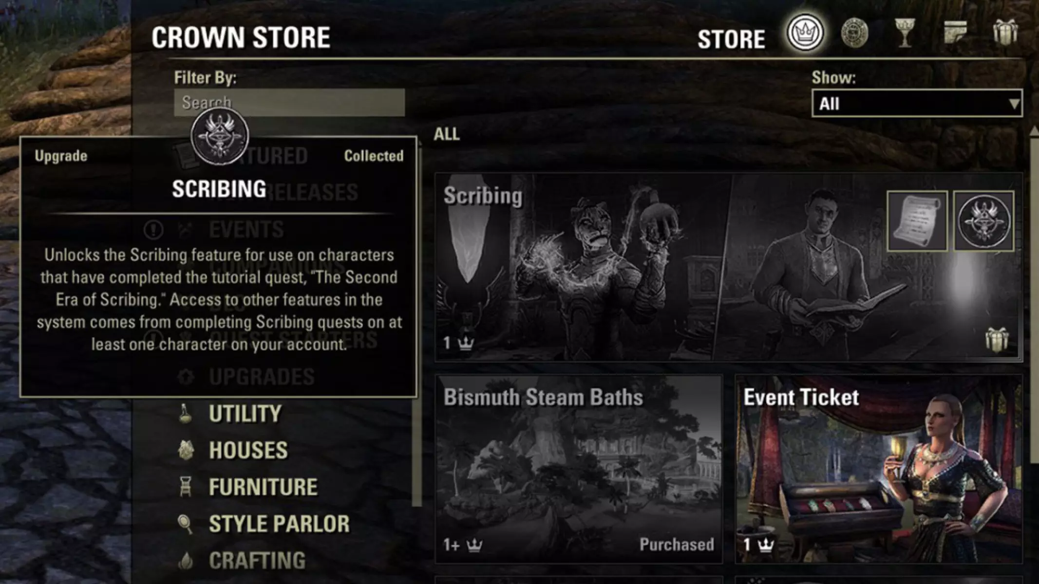 ESO Scribing in Crown Store on the Public Test Server. 