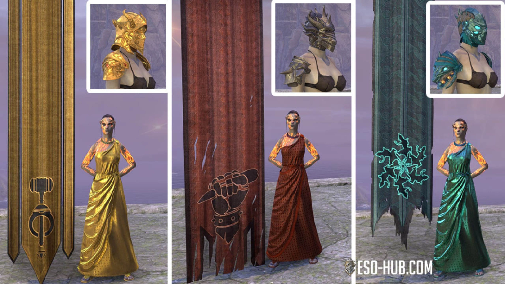 Showcase of the Faction specific monster set, dye and banner rewards from left to right: The Glittering Goad, The Ruckus and The Thousand Eyes